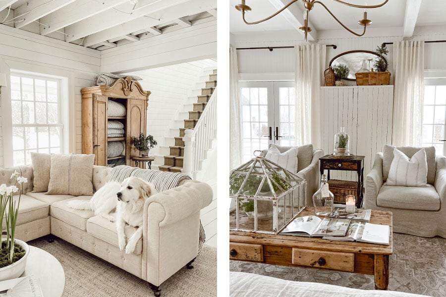 In Liz Marie Galvan’s home, both windows and hinged doors are white and feature a colonial grille pattern