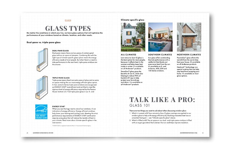 A spread from the Window Selection Guide explaining glass types, climate specific glass and more essential information on the topic of window glass.