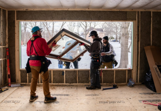 A construction crew install a window into a very large rough opening.